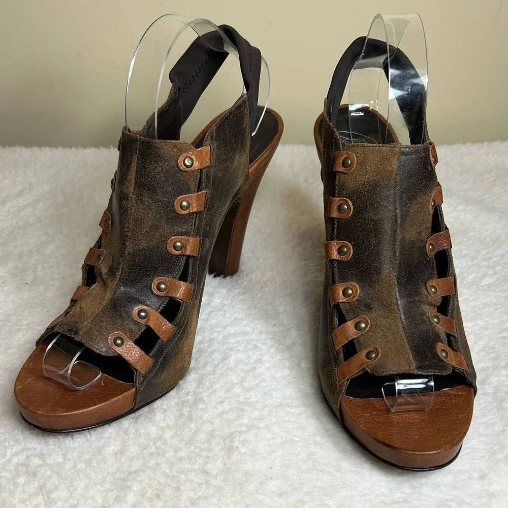 Donald J Pliner Heels Womens 10‎ Saddle Vishad Open Toe Distressed Leather